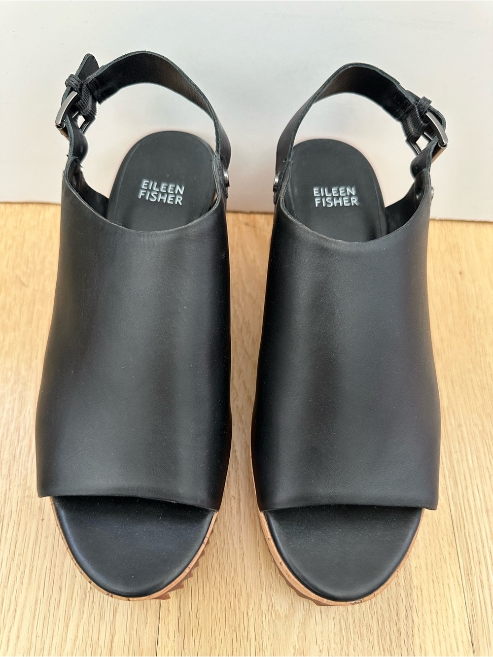 Eileen Fisher - Black Leather / Cork Platform Wedge Sandals - 7 1/2 - Picture 3 of 15
